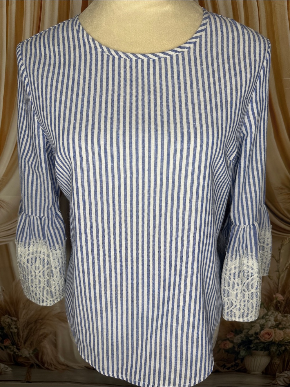 Roommates Blue & White Stripe Blouse with Lace Bell Cuffs